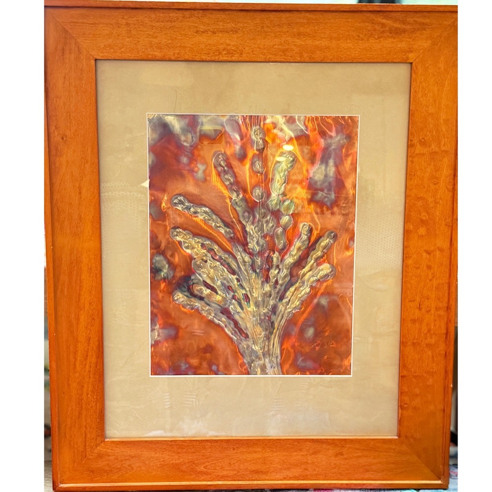 RARE Framed Flame Painted Torched Copper Metal Art Embossed Botanical Wall Decor